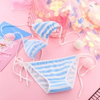 Japon Sexy Lingerie Lolita Kawaii bleu rose blanc rayé Mini Bikini adulte Cosplay femmes soutien-gorge ensemble de sous-vêtements Frenum maillot de bain 2