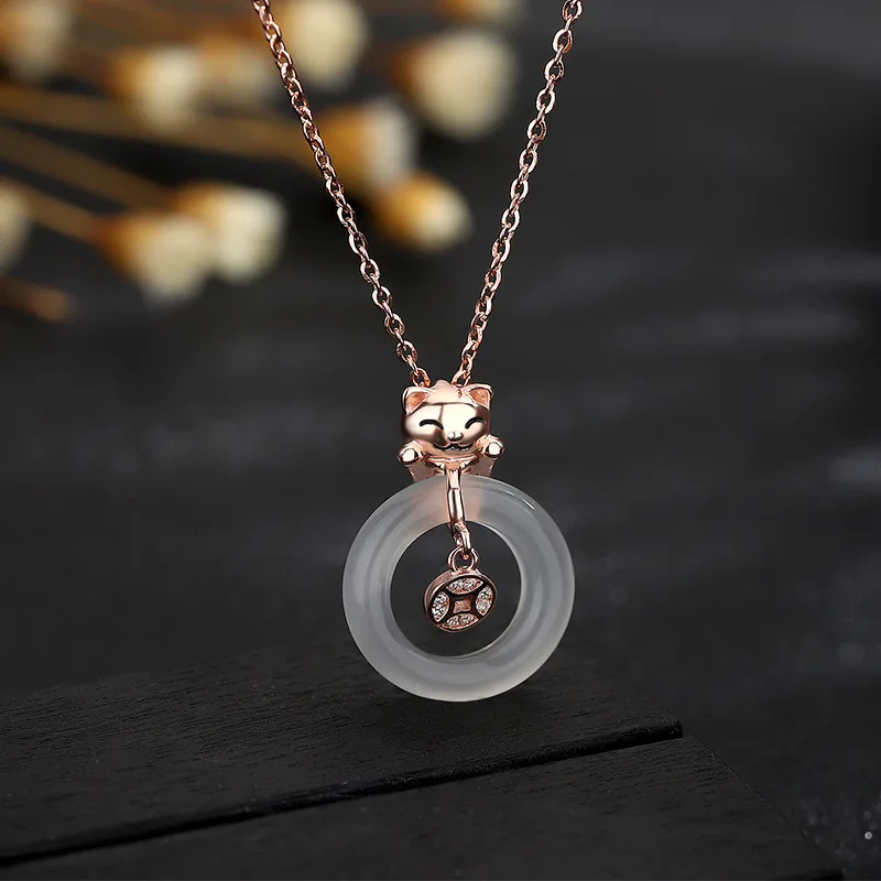 

Mini Planet S925 Sterling Silver White Chalcedony Transport Cat Necklace For Women Retro Safety Buckle Necklace Jewelry Gift