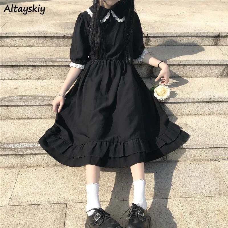 Oversize Dress Women Lace Cute Summer Simple Solid Leisure Korean Style Sweet Ladies Fashion  All-match Preppy Comfortable Loose birthday dress