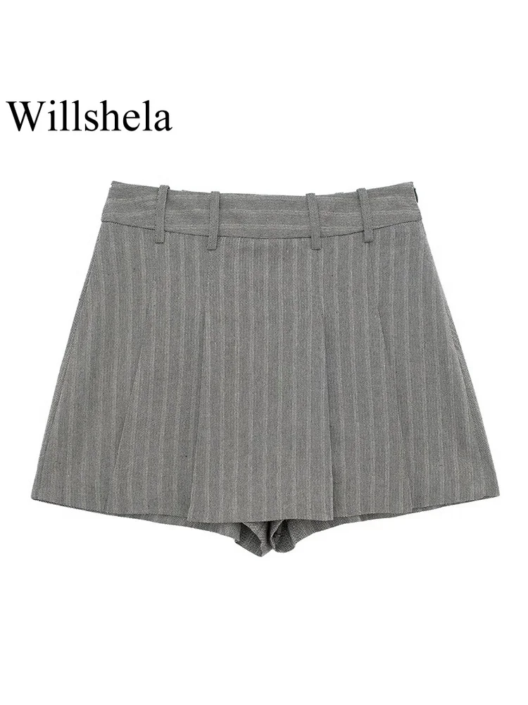

Willshela Women Fashion Striped Pleated Side Zipper Skirts Shorts Vintage High Waist Female Chic Lady Shorts