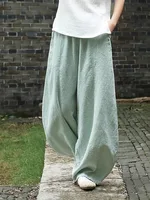 2024 Cotton Linen Bloomers Wide Leg Pants Women Vintage Full Length Fashion Elegent Pants Solid Elasitic Waist Spring Autumn 5XL - Image 4