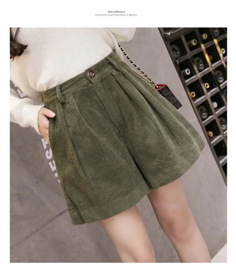 Korean Retro Elastic Waist Loose Casual Short with Belt Corduroy Rolled Wide-leg Short for Women Loose A-line Female Streetwear