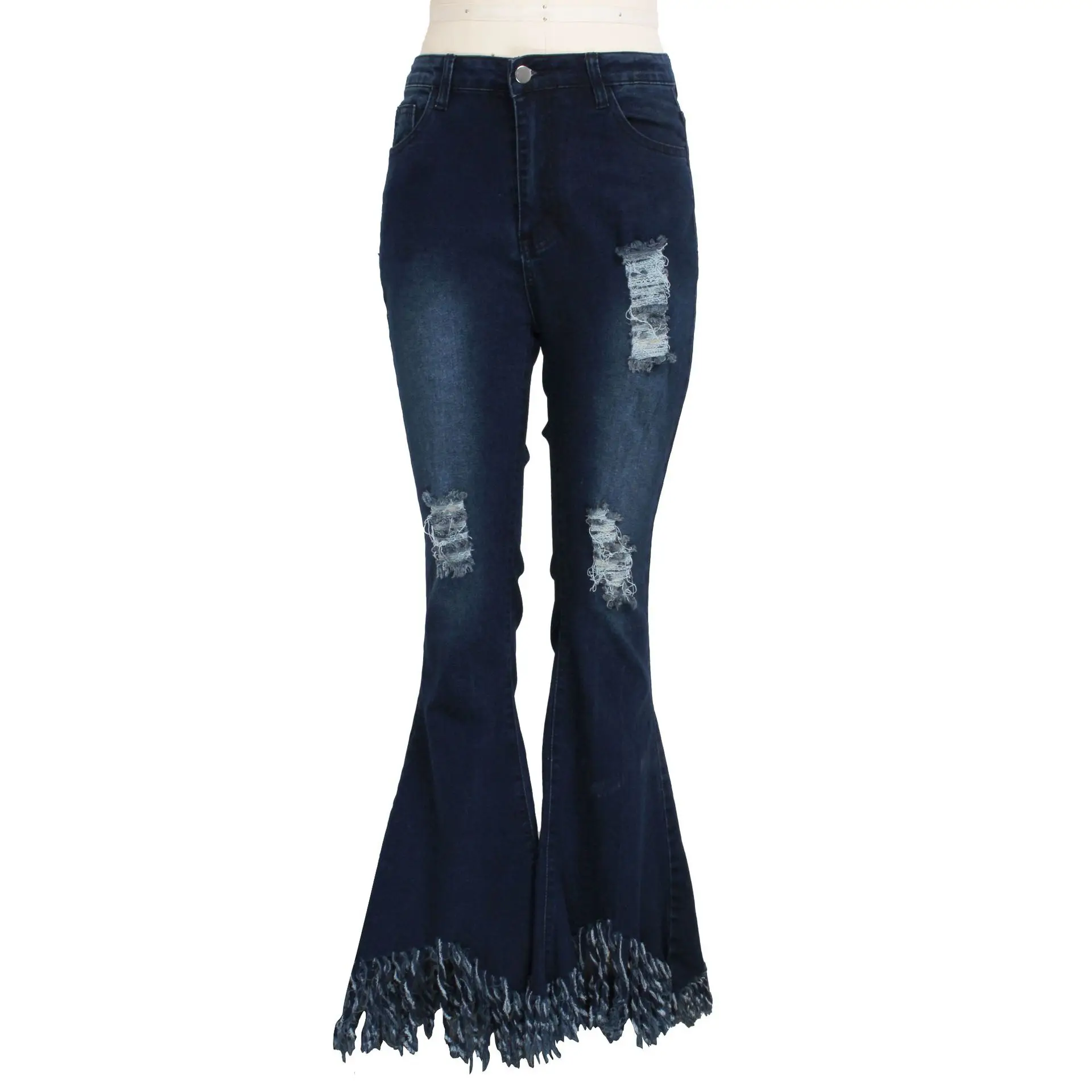 slim fit Tilorraine 2022 European and American versatile slim fit wide legs washed and perforated denim flared pants jeans ripped women topshop jeans