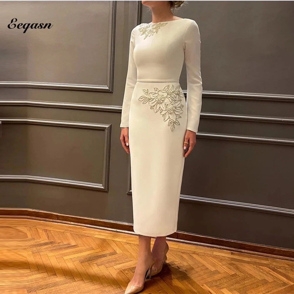 Robe De Soiree Sheath Mother of the Bride Dresses for Weddings with Long Sleeves Robes Tea Length Formal Evening Occasion Gowns