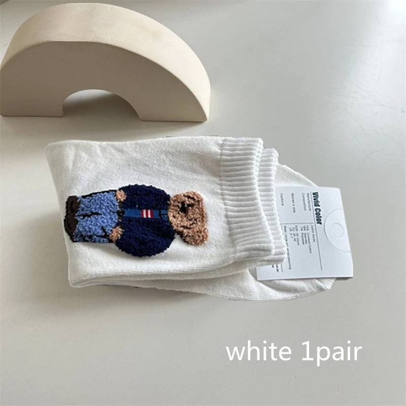 Women's Cartoon Bear Mid-Calf Cotton Socks Casual Sweater Female Socks Comfortable Long Middle tube
