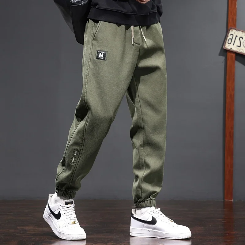 Men's Lyocell Elasticity Cargo Pants Baggy Bound Feet Sweatpants Drawstring Joggers Youth Streetwear Trousers Male Clothes 4