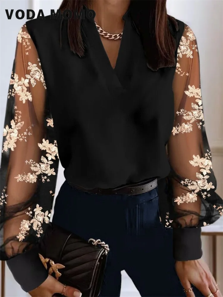 

Long Sleeve V-neck Shirt Spring Casual Office Tops Elegant Solid Women's Clothing 2024 Blouses For Women Fashion Basic Lace Mesh