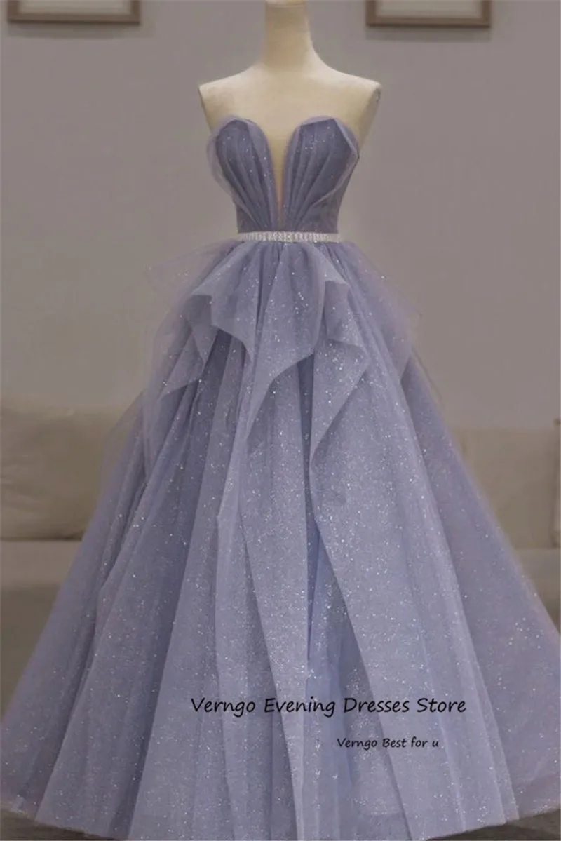 

Verngo Glitter Shiny A line Prom Dresses Sweetheart Ruffles Belt Crystal Sparly Evening Gowns Long Formal Party Dress Pageant