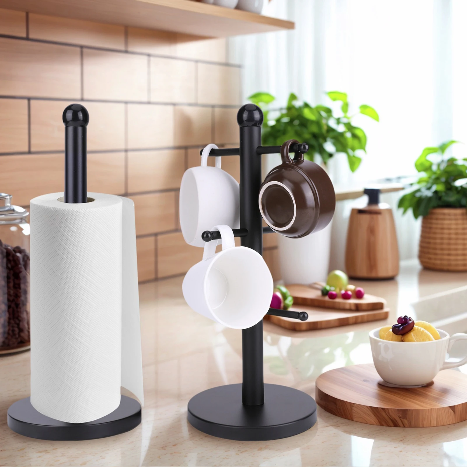 6 Cup Mug Holder with Paper Towel Roll Holder Free-Standing Cup Rack (Black): 3 - 5 Days Free Delivery Only UK