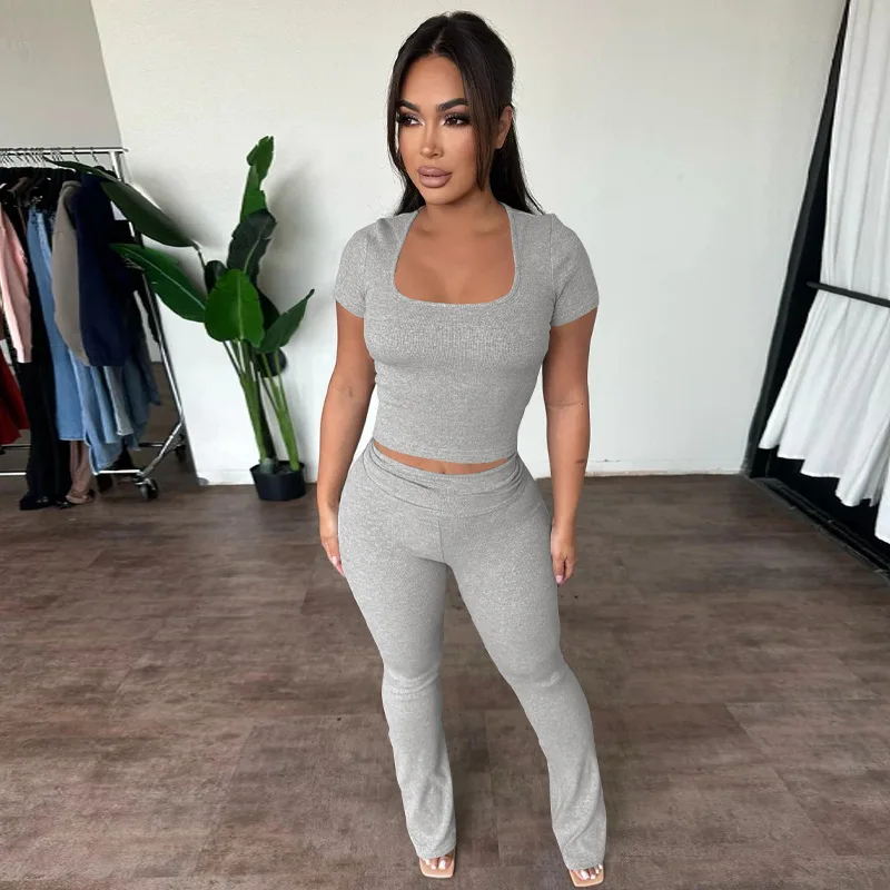 

2024 Summer Solid Ribbed Slim Casual 2 Piece Set Women Square Neck Short Sleeve Crop Top Ruched Skinny Pants Jogger Streetwear