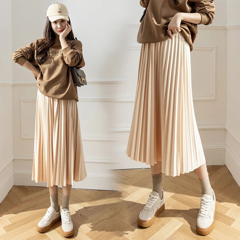 8458# Autumn Winter Korean Fashion Pleat Maternity Skirts Elastic Waist Belly Loose Clothes for Pregnant Women Casual Pregnancy