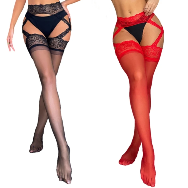 Women Sexy Sheer Garter Belt Suspender Pantyhose Side Criss for Cross Lace Tight