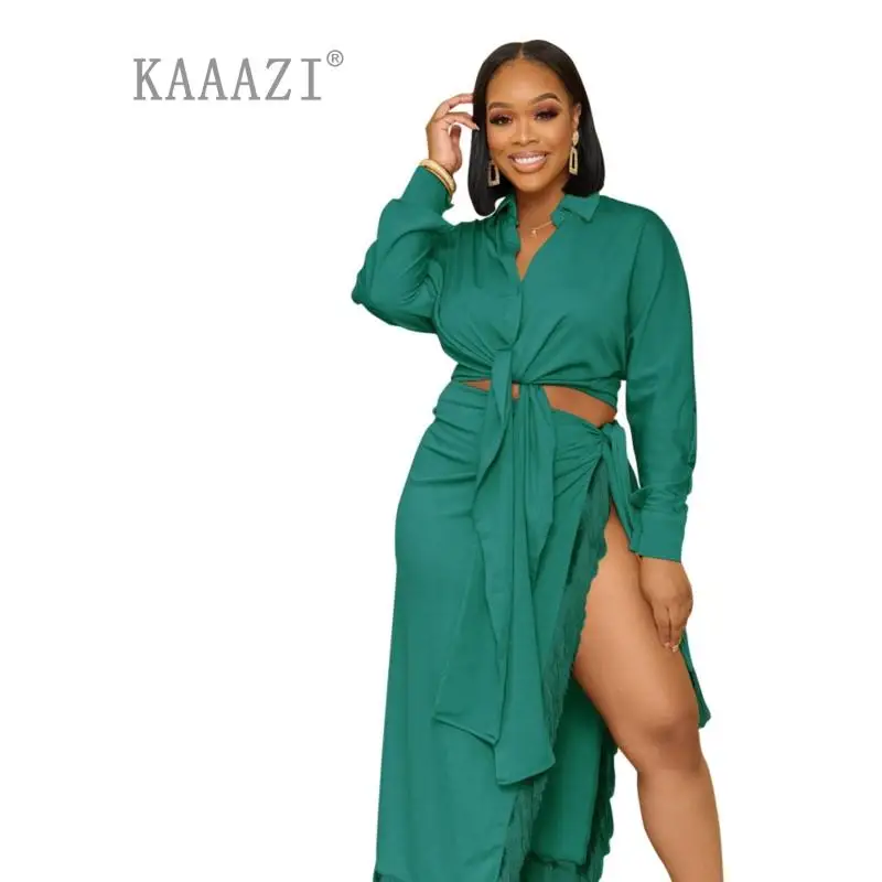 

Элегантный женский бандажный Костюм-двойка KAAAZI с длинными рукавами, длинная юбка с разрезом и кисточками, Модный повседневный костюм из двух предметов, Новинка