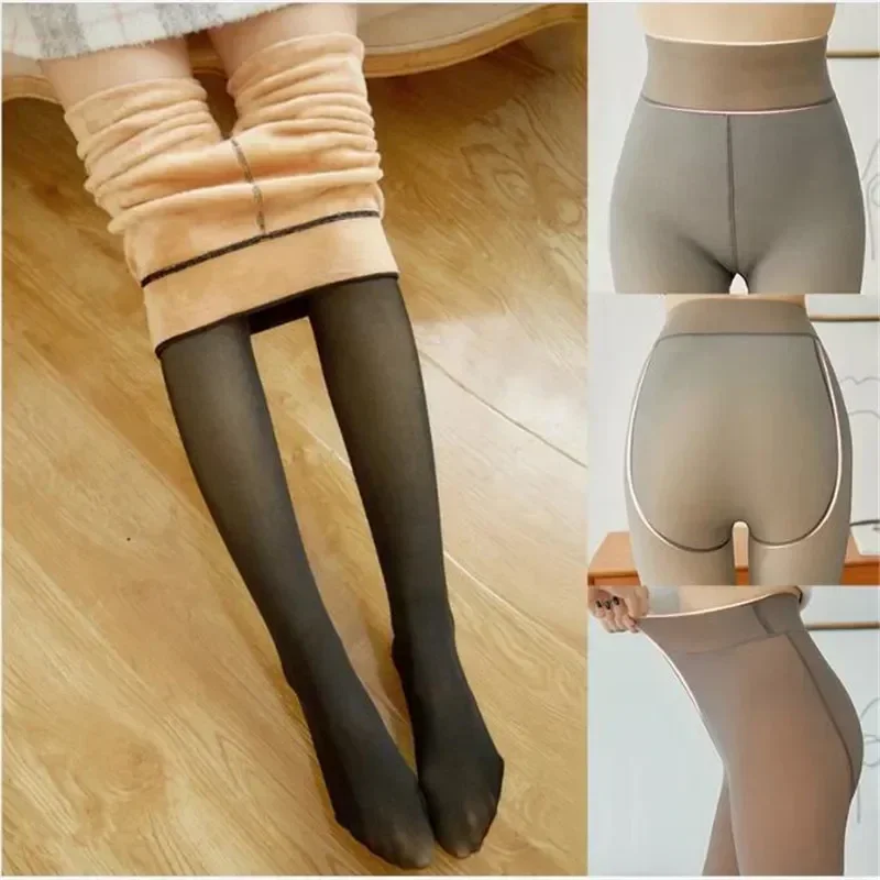 

Seamless Cotton Black Fleece Women Fake Stockings Elastic 2021 Tights 85g-320g Translucent Girls Warm Thick Pantyhose Winter