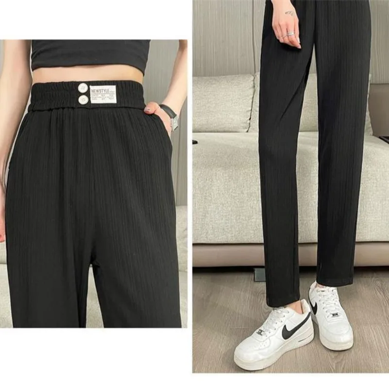 2024 Summer New Commuter Solid Color Elasticized High-waisted Button Epaulet Thin Loose Casual Harlan Women's Silk Sports Pants