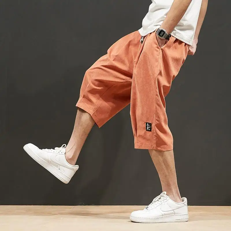 2023 Summer New Solid Color Elastic Waist Knee Length Pants Man Japanese Style Loose Casual Fashion Comfortable Wide Leg Trouser