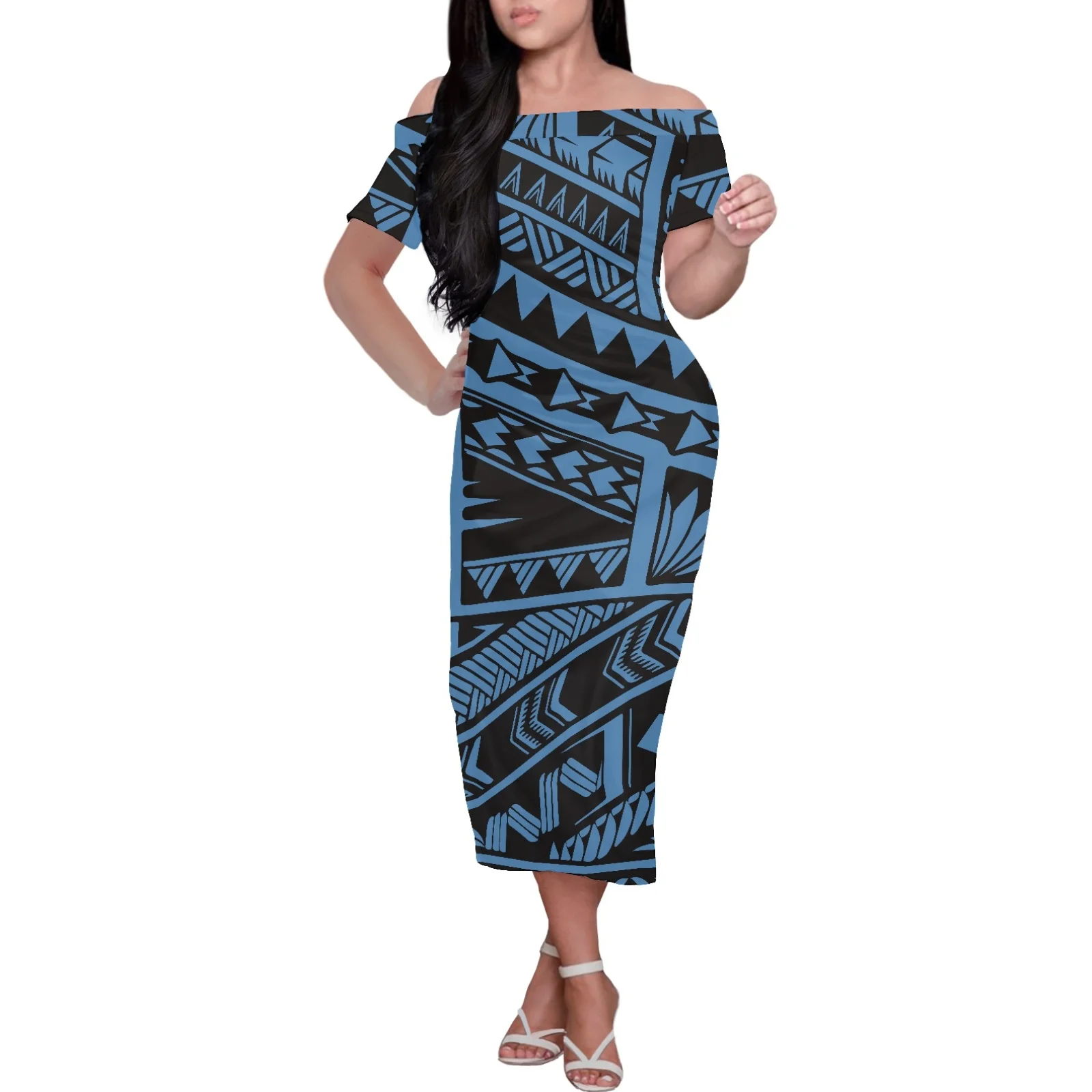

Polynesian Tribal Fijian Totem Blue Tattoo Dress, Sexy One Word Shoulder, Simple Fashion, Short Sleeve, Stretching Body Dress