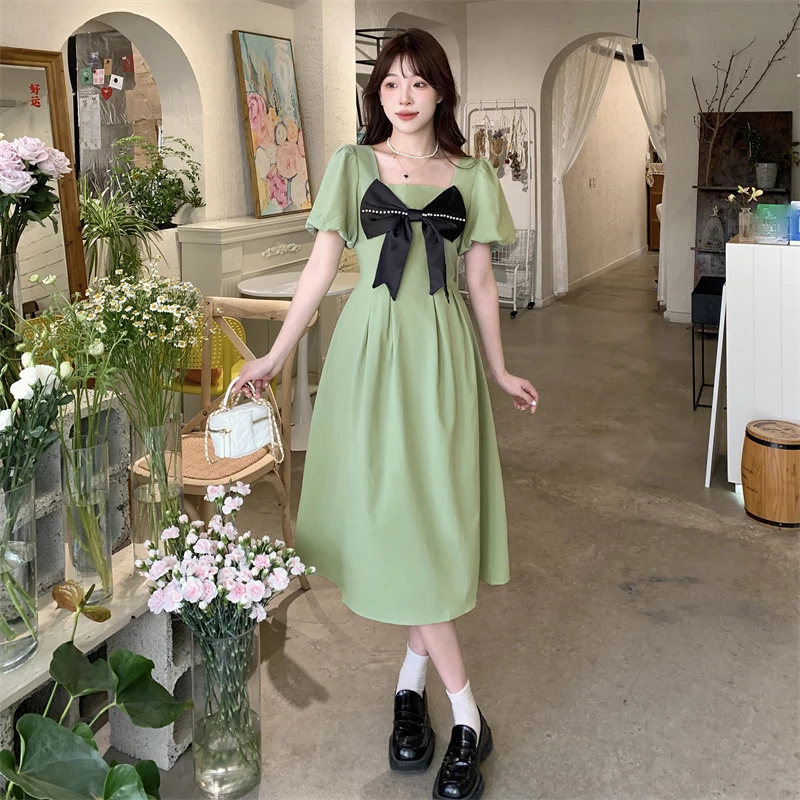 Green Maternity Summer Long Dress Plus Size Pregnant Woman Puff Sleeve Ruffle Patchwork Bowknot Pregnancy