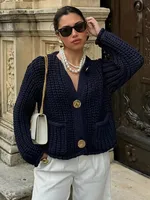 HH Autumn Knitted Cardigan For Women Casual Button O-Neck Long Sleeve Female Sweater 2024 Fashion Solid Loose Lady Cardigans