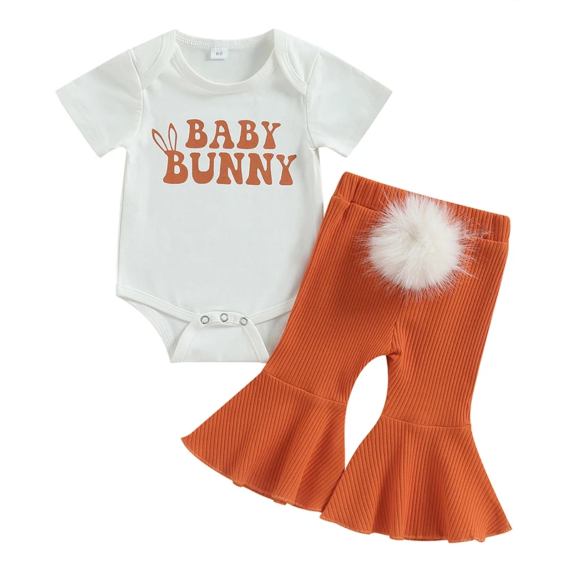 

Baby Girl Easter Outfit Letter Bunny Print Short Sleeve Romper Flared Pants Bell Bottoms Headband Summer Clothes