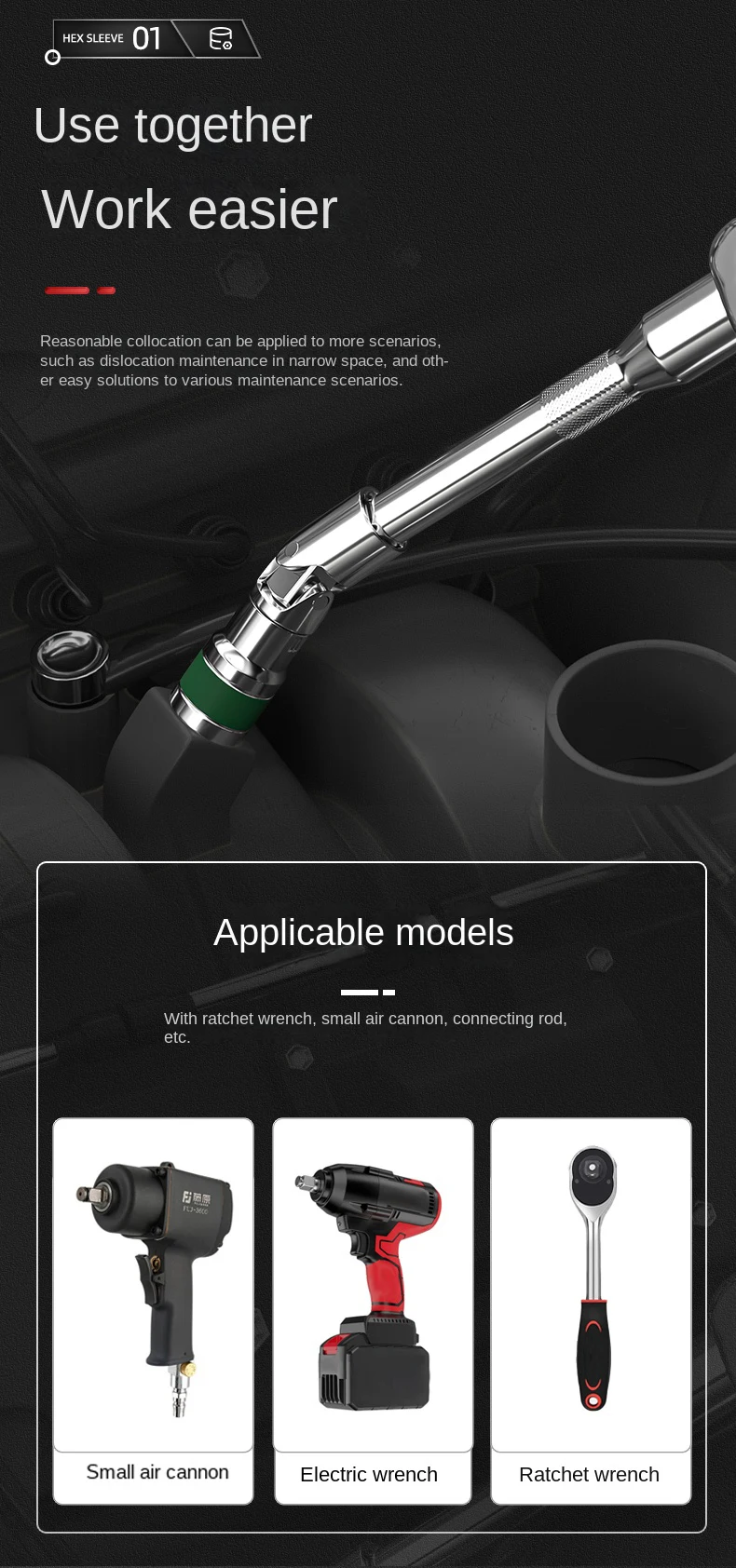 Description Picture 3 of item1/2 Green Belt Hexagonal Socket Heavy Duty Thickened Socket Set Pneumatic Wrench Set Of Nozzles Mechanic Tools Hand Tool