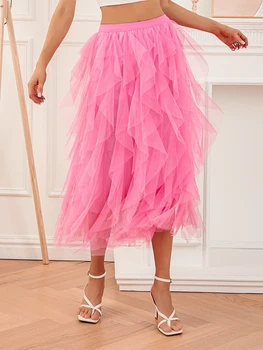Women Long Skirt Elegant High Waist Irregular Solid Tulle Skirt Summer Skirt for Party 4