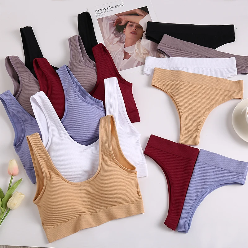 2PCS/Set Underwear Women Seamless Bra Wireless Bralette Lingerie Sexy High Waisted Panties Cotton Woman Lingerie_voghion.com