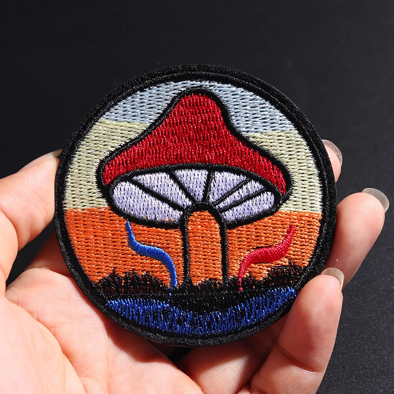 

Round colorful mushroom size: 7x7cm DIY Patch Embroidered Applique Clothes Iron On Stickers Garment Accessories Badges