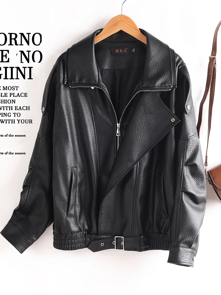  Ning Genuine Leather Jacket Women's Short Sheepskin Loose Motorcycle Jacket Autumn New Style Short Windbreaker Coat