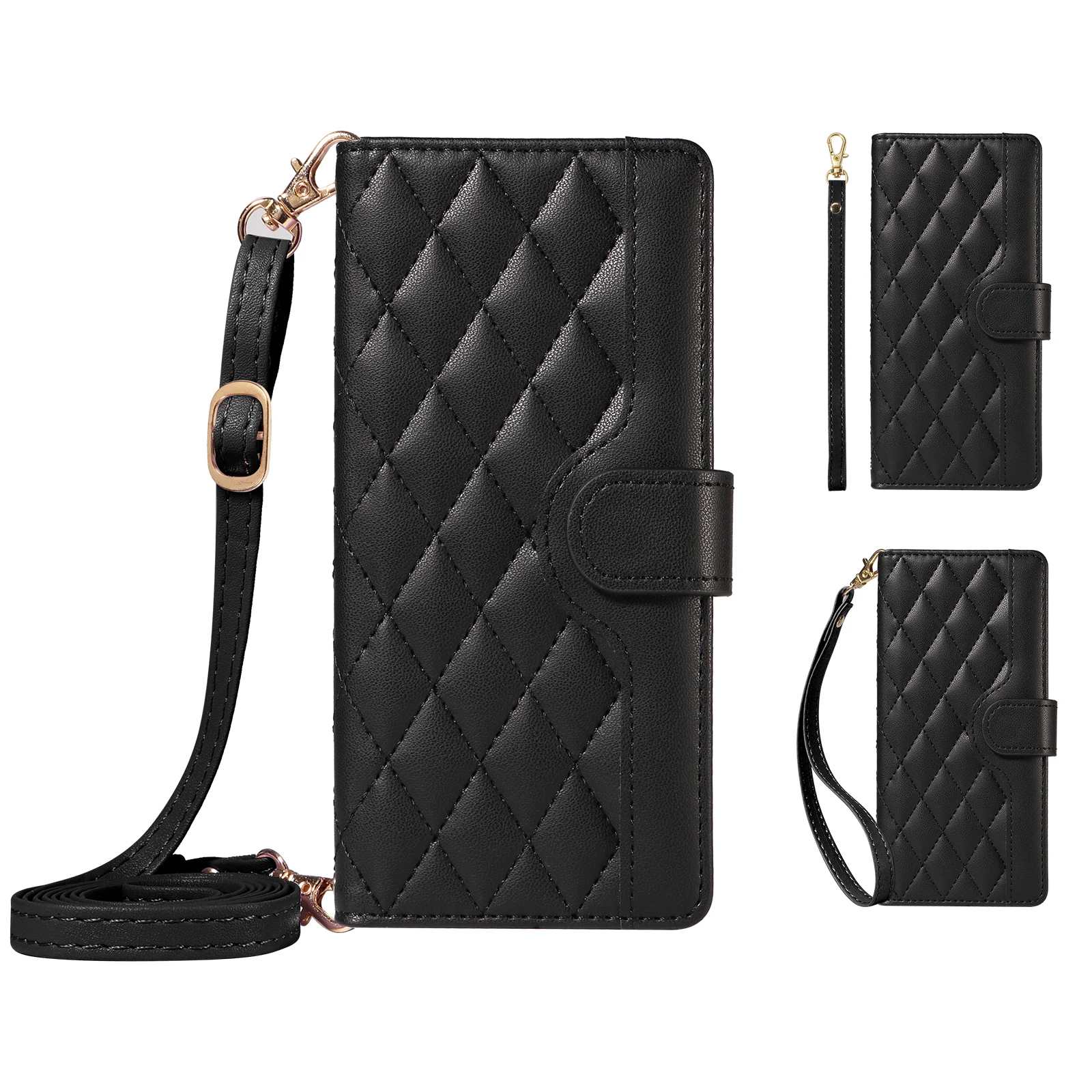 Luxury Rhombus Leather Crossbody Wallet Case with Card Slots and Lanyard