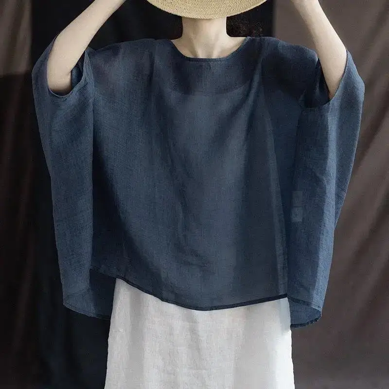 

Women Vintage Bat Sleeve Linen Cotton T-shirt Lady Fashion Loose Harajuku O Neck Tee Solid Color Women Clothes Pullover Tops