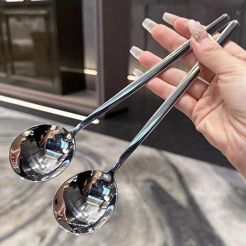 Stainless Steel Spoon Korean Long Handle Tableware Thicken Stirring Ice Spoon Meal Household Dinner stainless steel spoon