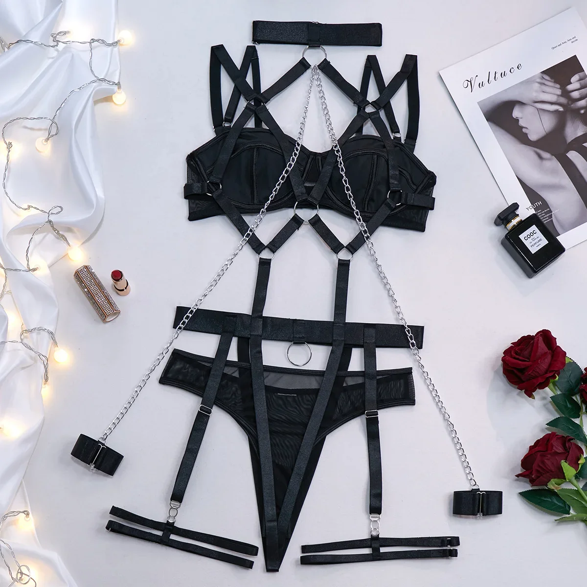 Seductive Chain Lingerie Four Piece Set 1