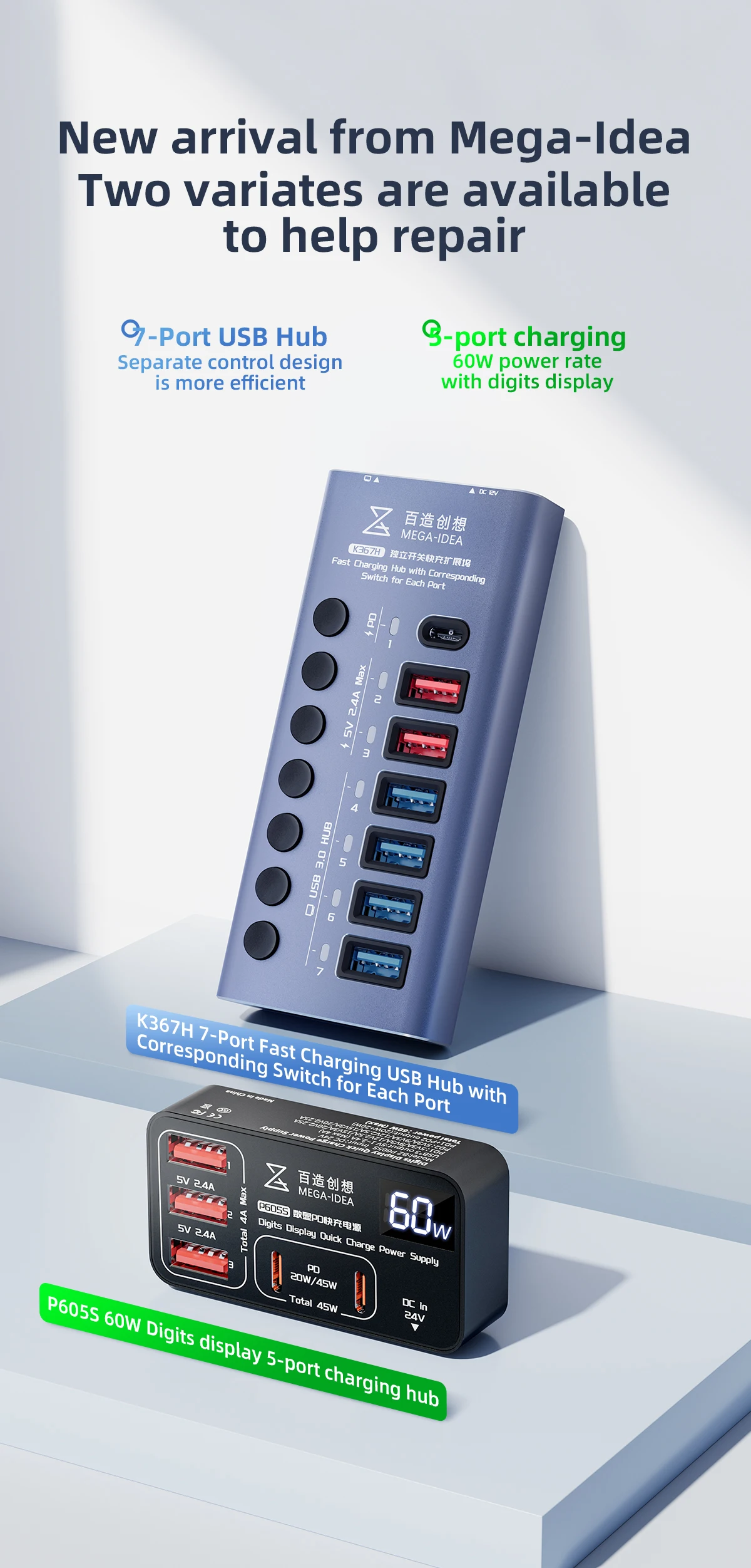 

Qianli Mega-ldea K367H 7-Port Extension Hub with the Corresponding Switch P605S 60W Digits Display