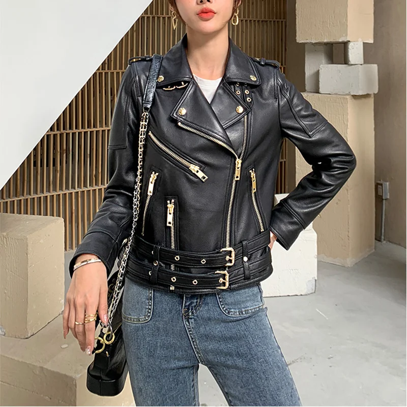 

Moto Women's Biker Zipper Autumn and Winter Fashion Slim Short Sheepskin Suit Lapel Double Belt Genuine Leather Jacket