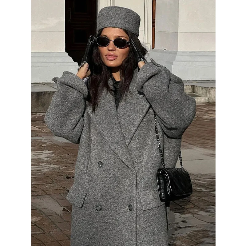 Fashion Woolen Long Coat Women Autumn Full Sleeve Button Fake Pocket Split Yellow Overcoat Elegant Oversize New in Outwear