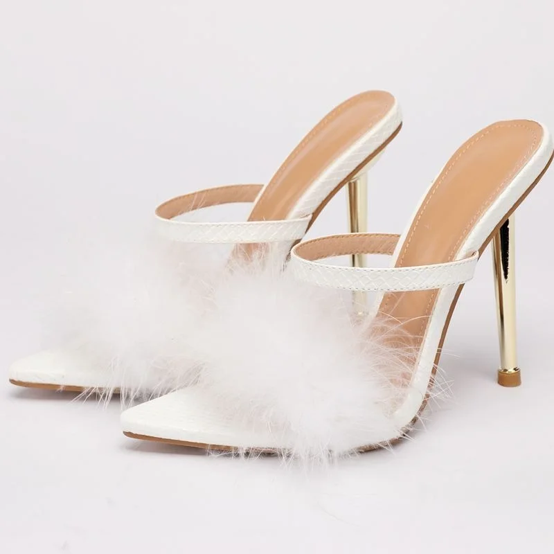 

TSTCTB Sexy Furry Thin High Heels Sandals Slippers Fashion Shallow PU Ladies Pointed Toe Elegant Slip-on Solid Party Shoes Women