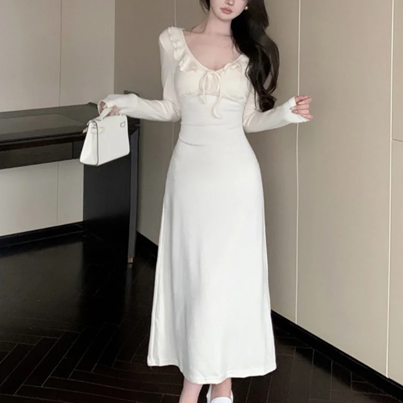 Women Dress y2k Clothes Solid Color Ruffle Tie Up V Neck Long Sleeve Bodycon Long Dresses Party Dresses Streetwear