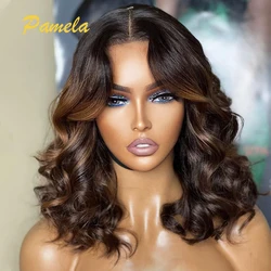 Highlight Blonde 13x4 Short BOB Human Hair Wigs Brazilian Brown Colored Loose Deep Wave Transparent Lace Frontal Wigs For Women