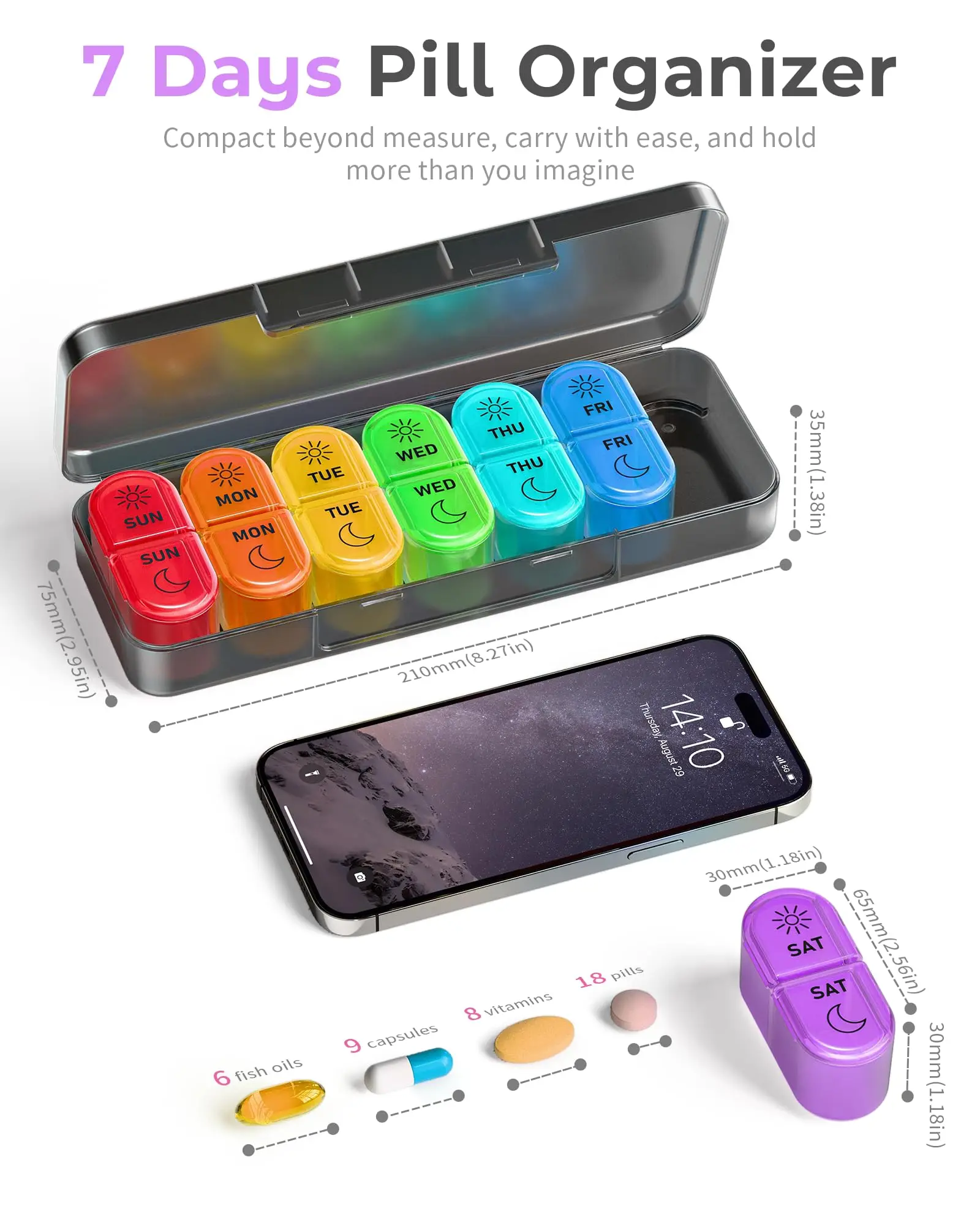 Portable Weekly AM/PM Pill Organizer for Vitamins and Medication