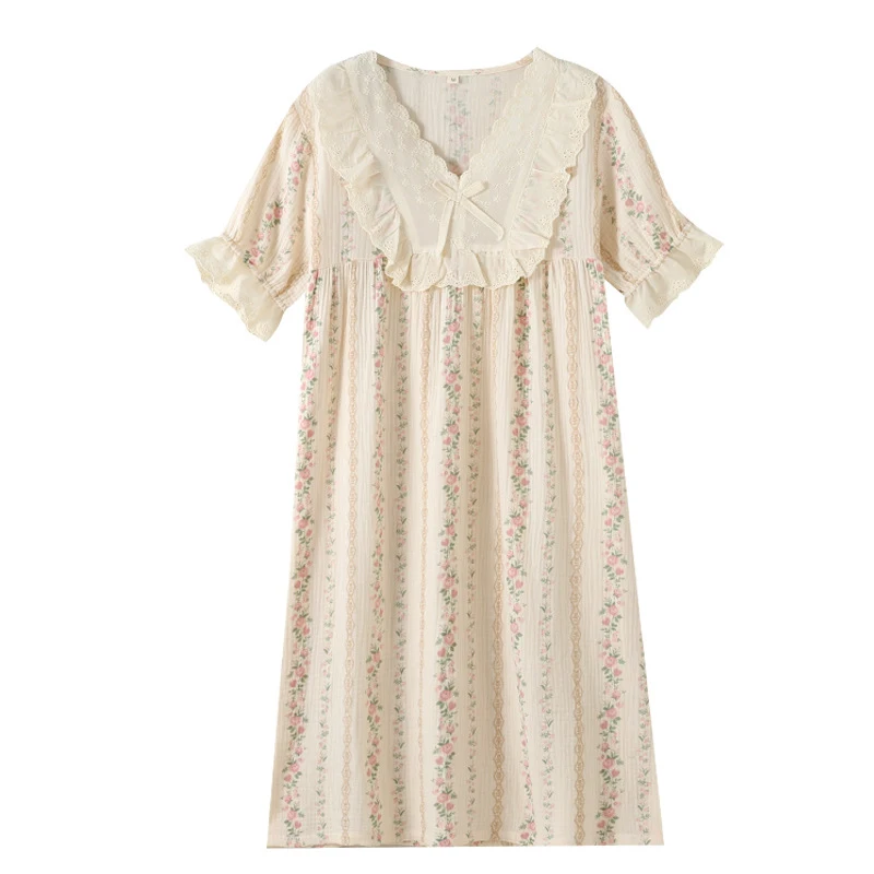 Summer Short Sleeved Nightgown For Women Korean New Casual Loose Ladies Home Nightdress Female Printed V-Neck Bow Thin Pajama