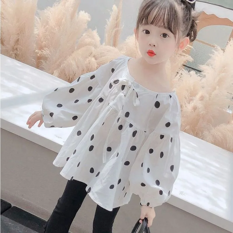 여아용 가을 겨울 2026 신상 한국 스타일 물방울 무늬 러플 칼라 긴팔 블라우스 아동 셔츠