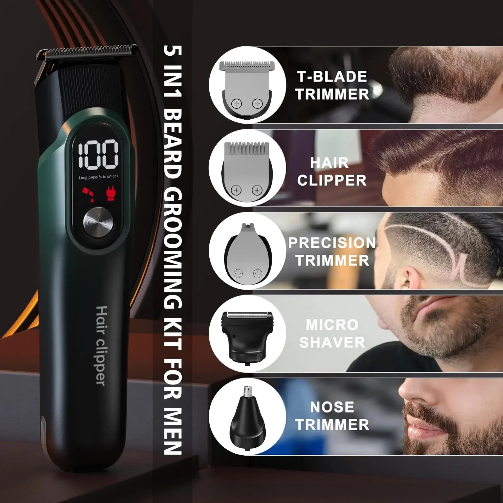 Hair Clippers for Men Professional 5 in 1 Cord/Cordless Beard Nose Ear Body Grooming Kit Hair Clipper Trimmer with Smart Charge 3