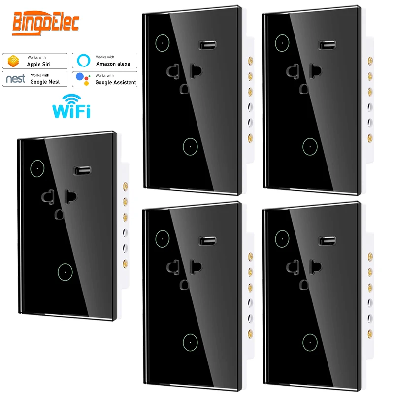 

Bingoelec 5pc Tuya WiFi Smart Light Switch with Sockets US Standard Glass Panel Touch Sensor Wall Switches Work with Tuya Alexa