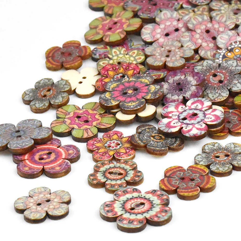 100 Stück Holz-Knöpfe Mit Blumen-Gitter-Muster – 2-Loch, Durchmesser 15 Mm, Für Nähen & Basteln