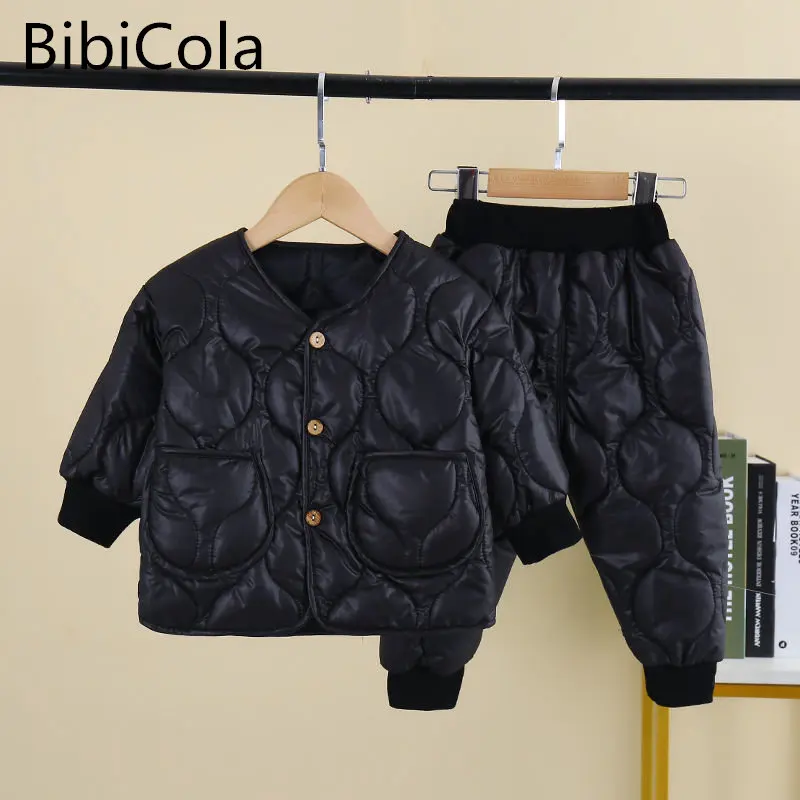 

Winter solid color cotton suit for baby boys girls Autumn Pure Fashion Thick Warm hooded down cotton warm suit home wear set