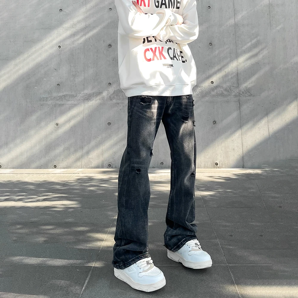 メンズ デニムパンツ ストリート カジュアル 破れ 膝破れ O00271 男性用の破れたジーンズ、fliredパンツ、カジュアルデニムパンツ