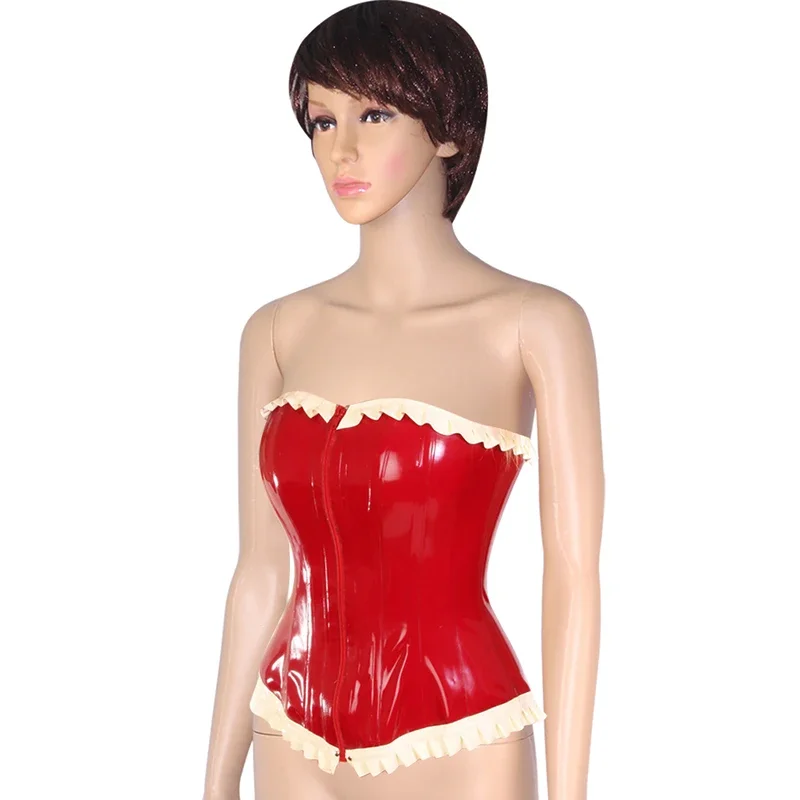 

Sexy Latex Corsets Zipper Front Lacing At Back With Ruffles Rubber Bustiers Top Clothing