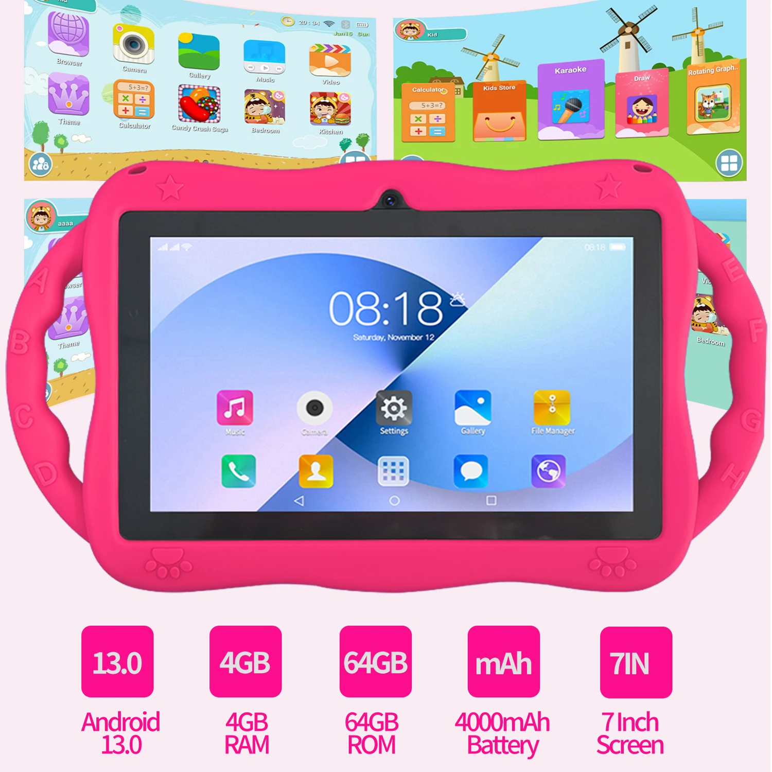 7.0 Inch WiFi Kids Tablet with Cartoon Pattern 64GB ROM Android 13 Google Certified Learning Education Games