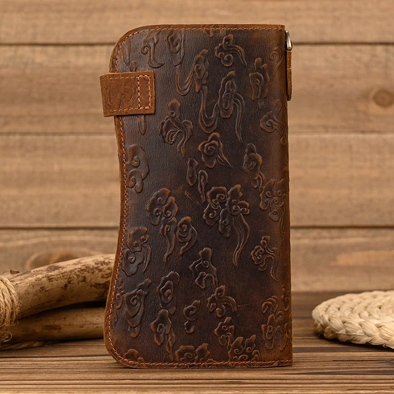 Men Vintage crazy horse leather chain wallet Genuine leather